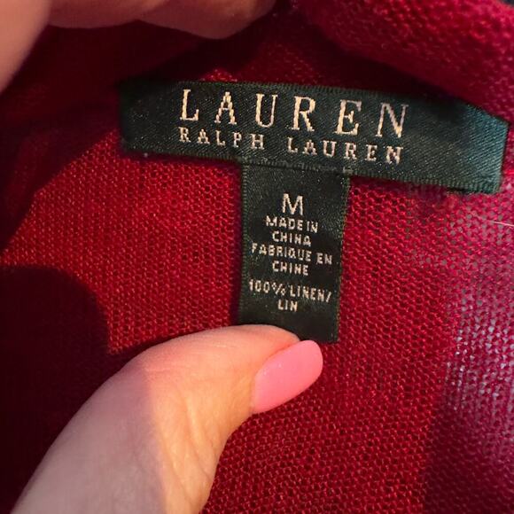 Lauren Ralph Lauren Open Front Red Cardigan Sheer Trim Women's Sz M Linen - Picture 4 of 11